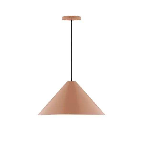 Pinnacle, a contemporary series of basic spun geometric shapes, is simply configured for interior use. Colorful and clean-lined, these axially symmetric shapes will add pizzazz to your space. Collection: Pinnacle Finish: Terracotta Glass: 18 inch Pinnacle Width: 18.00" Height: 81.00" Length: 18.00" Weight: 8.00 lb Wire: 6' White and Gray Dot Fabric Cord Canopy: 5" diameter Number of Bulbs: 1 Maximum Wattage: 15.00 W Light Source: LED Light Output: 1200.00 lm Color Temperature: 2700 K CRI: 90 Dimmable Rated Average Life: 50,000 Voltage: 120.00 V Country of Origin: US Safety Listing: UL/cUL Safety Rating: Dry LED Manufacturer Warranty: 1-year limited warranty on the fixture.