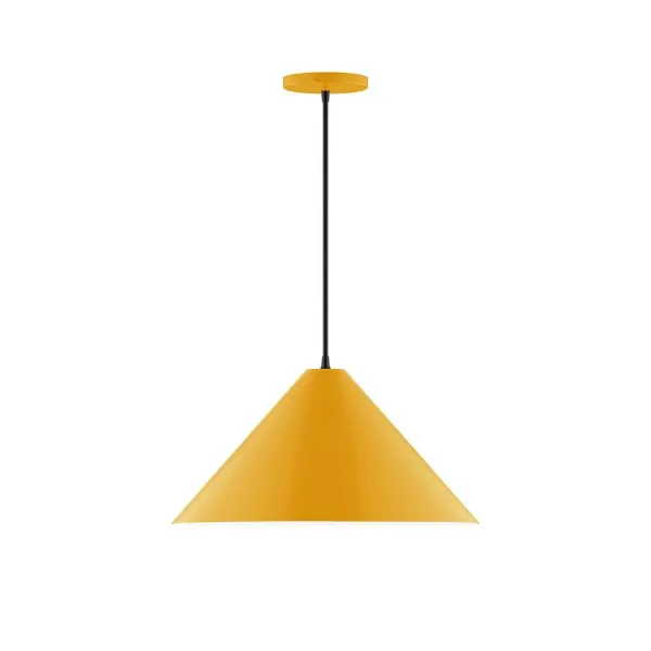 Pinnacle, a contemporary series of basic spun geometric shapes, is simply configured for interior use. Colorful and clean-lined, these axially symmetric shapes will add pizzazz to your space. Collection: Pinnacle Finish: Bright Yellow Glass: 18 inch Pinnacle Width: 18.00" Height: 81.00" Length: 18.00" Weight: 8.00 lb Wire: 6' Cool Tweed Fabric Cord Canopy: 5" diameter Number of Bulbs: 1 Maximum Wattage: 15.00 W Light Source: LED Light Output: 1200.00 lm Color Temperature: 2700 K CRI: 90 Dimmable Rated Average Life: 50,000 Voltage: 120.00 V Country of Origin: US Safety Listing: UL/cUL Safety Rating: Dry LED Manufacturer Warranty: 1-year limited warranty on the fixture.