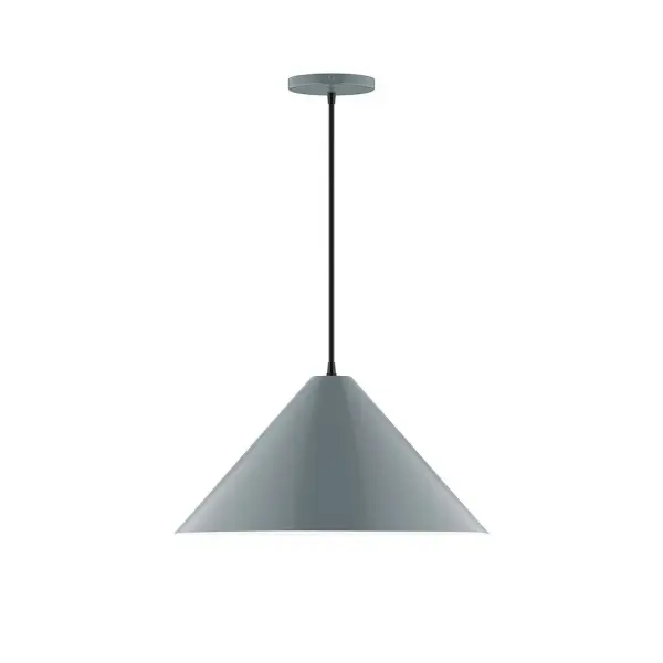 Pinnacle, a contemporary series of basic spun geometric shapes, is simply configured for interior use. Colorful and clean-lined, these axially symmetric shapes will add pizzazz to your space. Collection: Pinnacle Finish: Slate Gray Glass: 18 inch Pinnacle Width: 18.00" Height: 81.00" Length: 18.00" Weight: 8.00 lb Wire: 6' Black SJT Canopy: 5" diameter Number of Bulbs: 1 Maximum Wattage: 15.00 W Light Source: LED Light Output: 1200.00 lm Color Temperature: 3000 K CRI: 90 Dimmable Rated Average Life: 50,000 Voltage: 120.00 V Country of Origin: US Safety Listing: UL/cUL Safety Rating: Dry LED Manufacturer Warranty: 1-year limited warranty on the fixture.