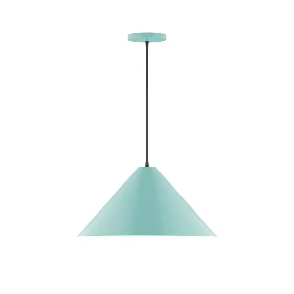 Pinnacle, a contemporary series of basic spun geometric shapes, is simply configured for interior use. Colorful and clean-lined, these axially symmetric shapes will add pizzazz to your space. Collection: Pinnacle Finish: Sea Green Glass: 18 inch Pinnacle Width: 18.00" Height: 81.00" Length: 18.00" Weight: 8.00 lb Wire: 6' Black SJT Canopy: 5" diameter Number of Bulbs: 1 Maximum Wattage: 15.00 W Light Source: LED Light Output: 1200.00 lm Color Temperature: 3000 K CRI: 90 Dimmable Rated Average Life: 50,000 Voltage: 120.00 V Country of Origin: US Safety Listing: UL/cUL Safety Rating: Dry LED Manufacturer Warranty: 1-year limited warranty on the fixture.
