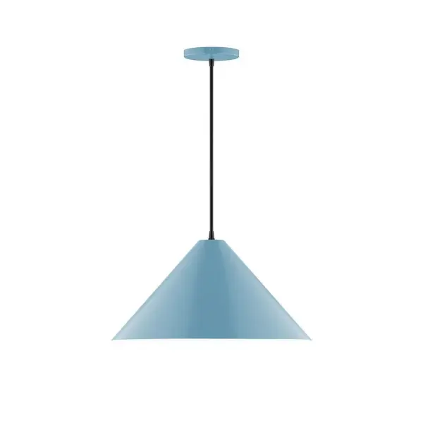 Pinnacle, a contemporary series of basic spun geometric shapes, is simply configured for interior use. Colorful and clean-lined, these axially symmetric shapes will add pizzazz to your space. Collection: Pinnacle Finish: Light Blue Glass: 18 inch Pinnacle Width: 18.00" Height: 81.00" Length: 18.00" Weight: 8.00 lb Wire: 6' Cool Tweed Fabric Cord Canopy: 5" diameter Number of Bulbs: 1 Maximum Wattage: 15.00 W Light Source: LED Light Output: 1200.00 lm Color Temperature: 2700 K CRI: 90 Dimmable Rated Average Life: 50,000 Voltage: 120.00 V Country of Origin: US Safety Listing: UL/cUL Safety Rating: Dry LED Manufacturer Warranty: 1-year limited warranty on the fixture.
