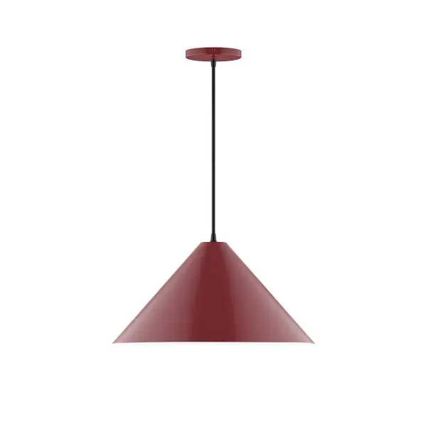 Pinnacle, a contemporary series of basic spun geometric shapes, is simply configured for interior use. Colorful and clean-lined, these axially symmetric shapes will add pizzazz to your space. Collection: Pinnacle Finish: Barn Red Glass: 18 inch Pinnacle Width: 18.00" Height: 81.00" Length: 18.00" Weight: 8.00 lb Wire: 6' Black Fabric Cord Canopy: 5" diameter Number of Bulbs: 1 Maximum Wattage: 15.00 W Light Source: LED Light Output: 1200.00 lm Color Temperature: 2700 K CRI: 90 Dimmable Rated Average Life: 50,000 Voltage: 120.00 V Country of Origin: US Safety Listing: UL/cUL Safety Rating: Dry LED Manufacturer Warranty: 1-year limited warranty on the fixture.