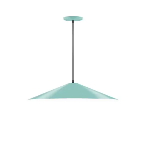 Vessel, a contemporary series of basic spun geometric shapes, is simply configured for interior use. Colorful and clean-lined, these axially symmetric shapes will add pizzazz to your space. Collection: Vessel Finish: Sea Green Glass: 24 inch Vessel Width: 24.00" Height: 76.50" Length: 24.00" Weight: 8.00 lb Wire: 6' Black and White Houndstooth Fabric Cord Canopy: 5" diameter Number of Bulbs: 2 Maximum Wattage: 8.00 W Light Source: LED Light Output: 800.00 lm Color Temperature: 3000 K CRI: 90 Dimmable Rated Average Life: 50,000 Voltage: 120.00 V Country of Origin: US Safety Listing: UL/cUL Safety Rating: Dry LED Manufacturer Warranty: 1-year limited warranty on the fixture.