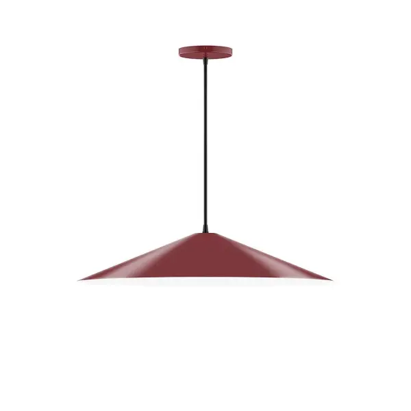 Vessel, a contemporary series of basic spun geometric shapes, is simply configured for interior use. Colorful and clean-lined, these axially symmetric shapes will add pizzazz to your space. Collection: Vessel Finish: Barn Red Glass: 24 inch Vessel Width: 24.00" Height: 76.50" Length: 24.00" Weight: 8.00 lb Wire: 6' Cool Tweed Fabric Cord Canopy: 5" diameter Number of Bulbs: 2 Maximum Wattage: 8.00 W Light Source: LED Light Output: 800.00 lm Color Temperature: 3000 K CRI: 90 Dimmable Rated Average Life: 50,000 Voltage: 120.00 V Country of Origin: US Safety Listing: UL/cUL Safety Rating: Dry LED Manufacturer Warranty: 1-year limited warranty on the fixture.