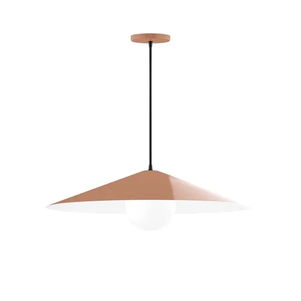 Vessel, a contemporary series of basic spun geometric shapes, is simply configured for interior use. Colorful and clean-lined, these axially symmetric shapes will add pizzazz to your space. Collection: Vessel Finish: Terracotta Glass: 6 inch White Opal Glass Globe Notes: Option (1) A19 LED Width: 24.00" Height: 76.50" Length: 24.00" Weight: 8.00 lb Wire: 6' Gray Fabric Cord Canopy: 5" diameter Number of Bulbs: 1 Maximum Wattage: 100.00 W Bulb Type: A19 Bulb Base: E26 Medium Light Source: Incandescent or LED equivalent Dimmable Voltage: 120.00 V Material: Aluminum Country of Origin: US Safety Listing: UL/cUL Safety Rating: Dry LED Manufacturer Warranty: 1-year limited warranty on the fixture.