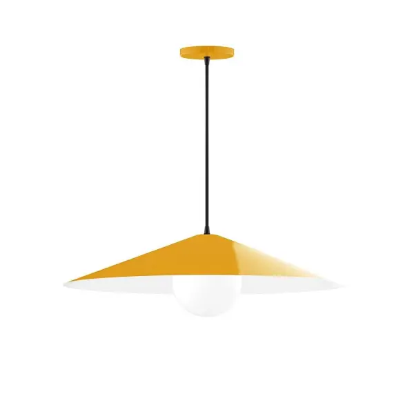 Vessel, a contemporary series of basic spun geometric shapes, is simply configured for interior use. Colorful and clean-lined, these axially symmetric shapes will add pizzazz to your space. Collection: Vessel Finish: Bright Yellow Glass: 6 inch White Opal Glass Globe Notes: Option (1) A19 LED Width: 24.00" Height: 76.50" Length: 24.00" Weight: 8.00 lb Wire: 6' Navy Mini Tweed Fabric Cord Canopy: 5" diameter Number of Bulbs: 1 Maximum Wattage: 100.00 W Bulb Type: A19 Bulb Base: E26 Medium Light Source: Incandescent or LED equivalent Dimmable Voltage: 120.00 V Material: Aluminum Country of Origin: US Safety Listing: UL/cUL Safety Rating: Dry LED Manufacturer Warranty: 1-year limited warranty on the fixture.