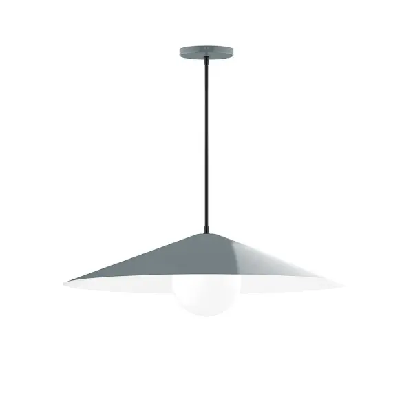 Vessel, a contemporary series of basic spun geometric shapes, is simply configured for interior use. Colorful and clean-lined, these axially symmetric shapes will add pizzazz to your space. Collection: Vessel Finish: Slate Gray Glass: 6 inch White Opal Glass Globe Notes: Option (1) A19 LED Width: 24.00" Height: 76.50" Length: 24.00" Weight: 8.00 lb Wire: 6' Red and White Zigzag Fabric Cord Canopy: 5" diameter Number of Bulbs: 1 Maximum Wattage: 100.00 W Bulb Type: A19 Bulb Base: E26 Medium Light Source: Incandescent or LED equivalent Dimmable Voltage: 120.00 V Material: Aluminum Country of Origin: US Safety Listing: UL/cUL Safety Rating: Dry LED Manufacturer Warranty: 1-year limited warranty on the fixture.