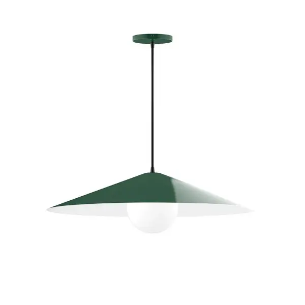 Vessel, a contemporary series of basic spun geometric shapes, is simply configured for interior use. Colorful and clean-lined, these axially symmetric shapes will add pizzazz to your space. Collection: Vessel Finish: Forest Green Glass: 6 inch White Opal Glass Globe Notes: Option (1) A19 LED Width: 24.00" Height: 76.50" Length: 24.00" Weight: 8.00 lb Wire: 6' Black and White Houndstooth Fabric Cord Canopy: 5" diameter Number of Bulbs: 1 Maximum Wattage: 100.00 W Bulb Type: A19 Bulb Base: E26 Medium Light Source: Incandescent or LED equivalent Dimmable Voltage: 120.00 V Material: Aluminum Country of Origin: US Safety Listing: UL/cUL Safety Rating: Dry LED Manufacturer Warranty: 1-year limited warranty on the fixture.