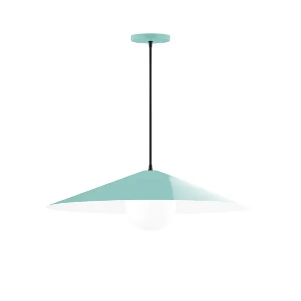 Vessel, a contemporary series of basic spun geometric shapes, is simply configured for interior use. Colorful and clean-lined, these axially symmetric shapes will add pizzazz to your space. Collection: Vessel Finish: Sea Green Glass: 6 inch White Opal Glass Globe Notes: Option (1) A19 LED Width: 24.00" Height: 76.50" Length: 24.00" Weight: 8.00 lb Wire: 6' Black Fabric Cord Canopy: 5" diameter Number of Bulbs: 1 Maximum Wattage: 100.00 W Bulb Type: A19 Bulb Base: E26 Medium Light Source: Incandescent or LED equivalent Dimmable Voltage: 120.00 V Material: Aluminum Country of Origin: US Safety Listing: UL/cUL Safety Rating: Dry LED Manufacturer Warranty: 1-year limited warranty on the fixture.