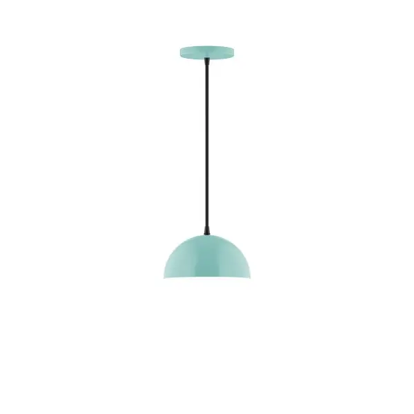 Arcade, a contemporary series of basic spun geometric shapes, is simply configured for interior use. Colorful and clean-lined, these axially symmetric shapes will add pizzazz to your space. Collection: Arcade Finish: Sea Green Glass: 8 inch Arcade Width: 8.00" Height: 76.00" Length: 8.00" Weight: 4.00 lb Wire: 6' Polished Copper Fabric Cord Canopy: 5" diameter Number of Bulbs: 1 Maximum Wattage: 8.00 W Light Source: LED Light Output: 800.00 lm Color Temperature: 3000 K CRI: 90 Dimmable Rated Average Life: 50,000 Voltage: 120.00 V Country of Origin: US Safety Listing: UL/cUL Safety Rating: Dry LED Manufacturer Warranty: 1-year limited warranty on the fixture.
