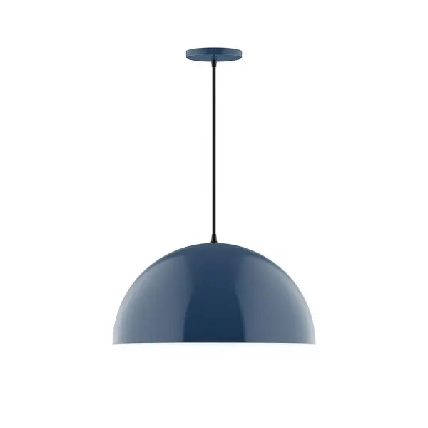 Arcade, a contemporary series of basic spun geometric shapes, is simply configured for interior use. Colorful and clean-lined, these axially symmetric shapes will add pizzazz to your space. Collection: Arcade Finish: Navy Glass: 18 inch Arcade Width: 18.00" Height: 81.00" Length: 18.00" Weight: 8.00 lb Wire: 6' Polished Copper Fabric Cord Canopy: 5" diameter Number of Bulbs: 1 Maximum Wattage: 15.00 W Light Source: LED Light Output: 1200.00 lm Color Temperature: 2700 K CRI: 90 Dimmable Rated Average Life: 50,000 Voltage: 120.00 V Country of Origin: US Safety Listing: UL/cUL Safety Rating: Dry LED Manufacturer Warranty: 1-year limited warranty on the fixture.