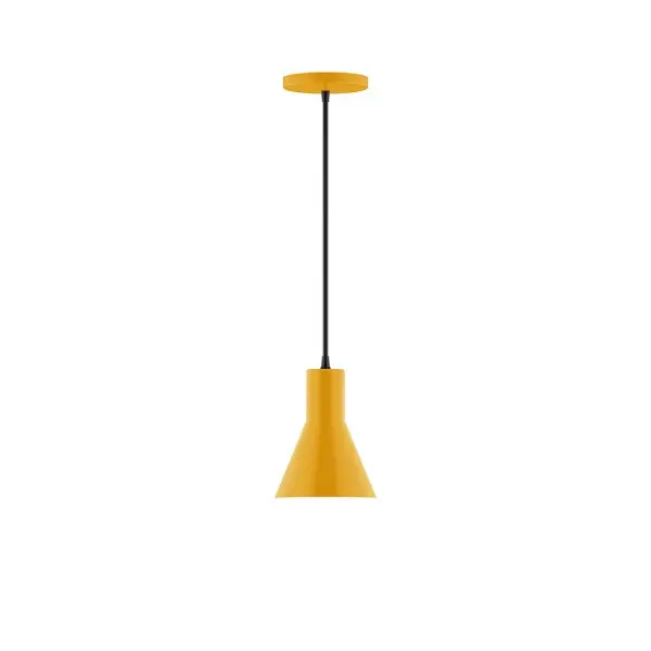 Axis, a contemporary series of basic spun geometric shapes, is simply configured for interior use. Colorful and clean-lined, these axially symmetric shapes will add pizzazz to your space. Collection: Flare Finish: Bright Yellow Glass: 6 inch Axis Width: 6.00" Height: 79.50" Length: 6.00" Weight: 4.00 lb Wire: 6' Black SJT Canopy: 5" diameter Number of Bulbs: 1 Maximum Wattage: 8.00 W Light Source: LED Light Output: 800.00 lm Color Temperature: 3000 K CRI: 90 Dimmable Rated Average Life: 50,000 Voltage: 120.00 V Country of Origin: US Safety Listing: UL/cUL Safety Rating: Dry LED Manufacturer Warranty: 1-year limited warranty on the fixture.