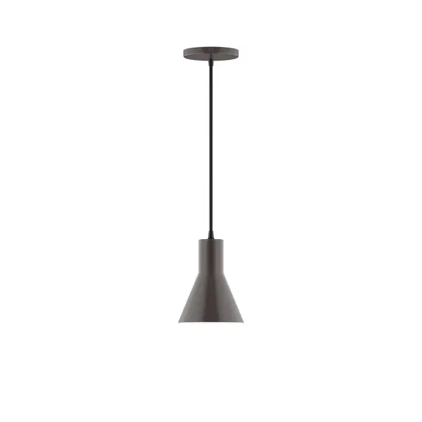 Axis, a contemporary series of basic spun geometric shapes, is simply configured for interior use. Colorful and clean-lined, these axially symmetric shapes will add pizzazz to your space. Collection: Flare Finish: Architectural Bronze Glass: 6 inch Axis Width: 6.00" Height: 79.50" Length: 6.00" Weight: 4.00 lb Wire: 6' Black SJT Canopy: 5" diameter Number of Bulbs: 1 Maximum Wattage: 8.00 W Light Source: LED Light Output: 800.00 lm Color Temperature: 3000 K CRI: 90 Dimmable Rated Average Life: 50,000 Voltage: 120.00 V Country of Origin: US Safety Listing: UL/cUL Safety Rating: Dry LED Manufacturer Warranty: 1-year limited warranty on the fixture.