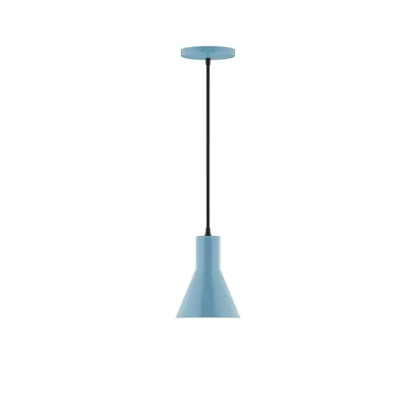 Axis, a contemporary series of basic spun geometric shapes, is simply configured for interior use. Colorful and clean-lined, these axially symmetric shapes will add pizzazz to your space. Collection: Flare Finish: Light Blue Glass: 6 inch Axis Width: 6.00" Height: 79.50" Length: 6.00" Weight: 4.00 lb Wire: 6' Black SJT Canopy: 5" diameter Number of Bulbs: 1 Maximum Wattage: 8.00 W Light Source: LED Light Output: 800.00 lm Color Temperature: 3000 K CRI: 90 Dimmable Rated Average Life: 50,000 Voltage: 120.00 V Country of Origin: US Safety Listing: UL/cUL Safety Rating: Dry LED Manufacturer Warranty: 1-year limited warranty on the fixture.