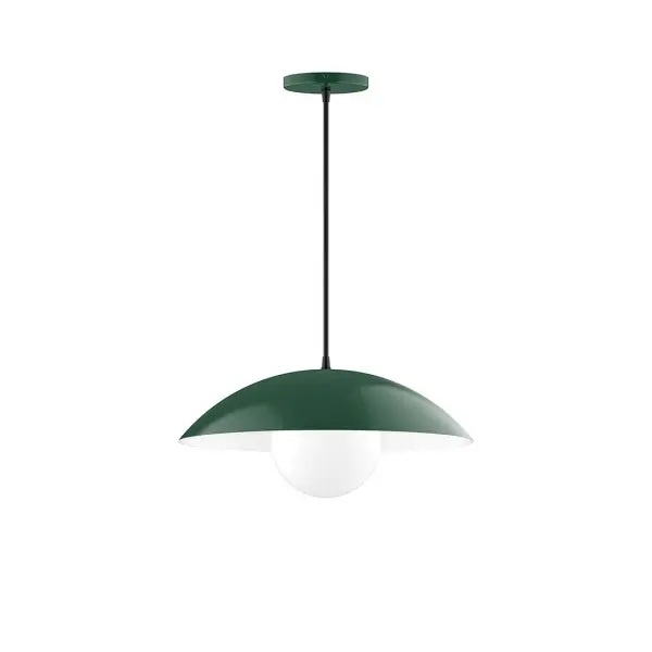 Plateau, a contemporary series of basic spun geometric shapes, is simply configured for interior use. Colorful and clean-lined, these axially symmetric shapes will add pizzazz to your space. Collection: Plateau Finish: Forest Green Glass: 6 inch White Opal Glass Globe Notes: Option (1) A19 LED Width: 16.00" Height: 76.00" Length: 16.00" Weight: 8.00 lb Wire: 6' Navy Mini Tweed Fabric Cord Canopy: 5" diameter Number of Bulbs: 1 Maximum Wattage: 100.00 W Bulb Type: A19 Bulb Base: E26 Medium Light Source: Incandescent or LED equivalent Dimmable Voltage: 120.00 V Material: Aluminum Country of Origin: US Safety Listing: UL/cUL Safety Rating: Dry LED Manufacturer Warranty: 1-year limited warranty on the fixture.