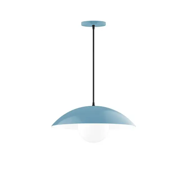 Plateau, a contemporary series of basic spun geometric shapes, is simply configured for interior use. Colorful and clean-lined, these axially symmetric shapes will add pizzazz to your space. Collection: Plateau Finish: Light Blue Glass: 6 inch White Opal Glass Globe Notes: Option (1) A19 LED Width: 16.00" Height: 76.00" Length: 16.00" Weight: 8.00 lb Wire: 6' Navy Mini Tweed Fabric Cord Canopy: 5" diameter Number of Bulbs: 1 Maximum Wattage: 100.00 W Bulb Type: A19 Bulb Base: E26 Medium Light Source: Incandescent or LED equivalent Dimmable Voltage: 120.00 V Material: Aluminum Country of Origin: US Safety Listing: UL/cUL Safety Rating: Dry LED Manufacturer Warranty: 1-year limited warranty on the fixture.