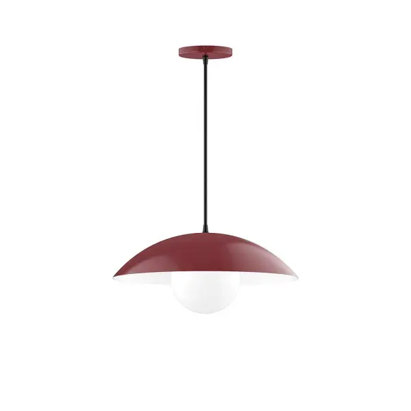 Plateau, a contemporary series of basic spun geometric shapes, is simply configured for interior use. Colorful and clean-lined, these axially symmetric shapes will add pizzazz to your space. Collection: Plateau Finish: Barn Red Glass: 6 inch White Opal Glass Globe Notes: Option (1) A19 LED Width: 16.00" Height: 76.00" Length: 16.00" Weight: 8.00 lb Wire: 6' Navy Mini Tweed Fabric Cord Canopy: 5" diameter Number of Bulbs: 1 Maximum Wattage: 100.00 W Bulb Type: A19 Bulb Base: E26 Medium Light Source: Incandescent or LED equivalent Dimmable Voltage: 120.00 V Material: Aluminum Country of Origin: US Safety Listing: UL/cUL Safety Rating: Dry LED Manufacturer Warranty: 1-year limited warranty on the fixture.