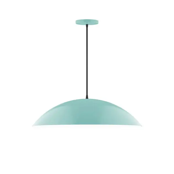 Plateau, a contemporary series of basic spun geometric shapes, is simply configured for interior use. Colorful and clean-lined, these axially symmetric shapes will add pizzazz to your space. Collection: Plateau Finish: Sea Green Glass: 24 inch Plateau Width: 24.00" Height: 78.00" Length: 24.00" Weight: 6.00 lb Wire: 6' Cool Tweed Fabric Cord Canopy: 5" diameter Number of Bulbs: 2 Maximum Wattage: 25.00 W Light Source: LED Light Output: 1800.00 lm Color Temperature: 2700 K CRI: 90 Dimmable Rated Average Life: 50,000 Voltage: 120.00 V Country of Origin: US Safety Listing: UL/cUL Safety Rating: Dry LED Manufacturer Warranty: 1-year limited warranty on the fixture.