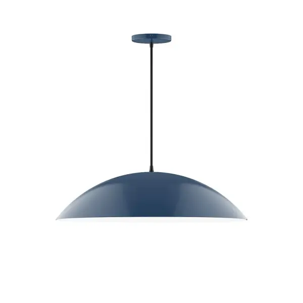Plateau, a contemporary series of basic spun geometric shapes, is simply configured for interior use. Colorful and clean-lined, these axially symmetric shapes will add pizzazz to your space. Collection: Plateau Finish: Navy Glass: 24 inch Plateau Width: 24.00" Height: 78.00" Length: 24.00" Weight: 6.00 lb Wire: 6' Black Fabric Cord Canopy: 5" diameter Number of Bulbs: 2 Maximum Wattage: 25.00 W Light Source: LED Light Output: 1800.00 lm Color Temperature: 2700 K CRI: 90 Dimmable Rated Average Life: 50,000 Voltage: 120.00 V Country of Origin: US Safety Listing: UL/cUL Safety Rating: Dry LED Manufacturer Warranty: 1-year limited warranty on the fixture.
