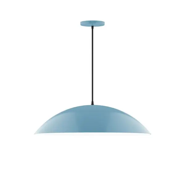 Plateau, a contemporary series of basic spun geometric shapes, is simply configured for interior use. Colorful and clean-lined, these axially symmetric shapes will add pizzazz to your space. Collection: Plateau Finish: Light Blue Glass: 24 inch Plateau Width: 24.00" Height: 78.00" Length: 24.00" Weight: 6.00 lb Wire: 6' Black Fabric Cord Canopy: 5" diameter Number of Bulbs: 2 Maximum Wattage: 25.00 W Light Source: LED Light Output: 1800.00 lm Color Temperature: 2700 K CRI: 90 Dimmable Rated Average Life: 50,000 Voltage: 120.00 V Country of Origin: US Safety Listing: UL/cUL Safety Rating: Dry LED Manufacturer Warranty: 1-year limited warranty on the fixture.