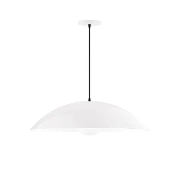 Plateau, a contemporary series of basic spun geometric shapes, is simply configured for interior use. Colorful and clean-lined, these axially symmetric shapes will add pizzazz to your space. Collection: Plateau Finish: White Glass: 6 inch White Opal Glass Globe Notes: Option (1) A19 LED Width: 24.00" Height: 78.00" Length: 24.00" Weight: 8.00 lb Wire: 6' Black Fabric Cord Canopy: 5" diameter Number of Bulbs: 1 Maximum Wattage: 100.00 W Bulb Type: A19 Bulb Base: E26 Medium Light Source: Incandescent or LED equivalent Dimmable Voltage: 120.00 V Material: Aluminum Country of Origin: US Safety Listing: UL/cUL Safety Rating: Dry LED Manufacturer Warranty: 1-year limited warranty on the fixture.
