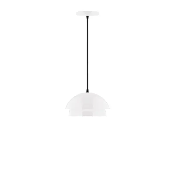 Nest is a playful series of stacked and nested dome shades. Offered in a host of finishes, Nest will be a bright and cheery addition to your interior décor Collection: Nest Finish: White Glass: 10 inch Nest Width: 10.00" Height: 77.00" Length: 10.00" Weight: 6.00 lb Wire: 6' Red and White Zigzag Fabric Cord Canopy: 5" diameter Number of Bulbs: 1 Maximum Wattage: 8.00 W Light Source: LED Light Output: 800.00 lm Color Temperature: 3000 K CRI: 90 Dimmable Rated Average Life: 50,000 Voltage: 120.00 V Country of Origin: US Safety Listing: UL/cUL Safety Rating: Dry LED Manufacturer Warranty: 1-year limited warranty on the fixture.