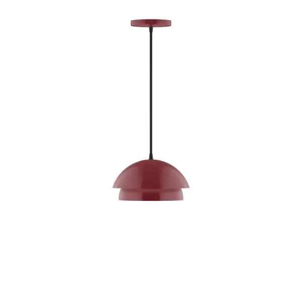 Nest is a playful series of stacked and nested dome shades. Offered in a host of finishes, Nest will be a bright and cheery addition to your interior décor Collection: Nest Finish: Barn Red Glass: 10 inch Nest Width: 10.00" Height: 77.00" Length: 10.00" Weight: 6.00 lb Wire: 6' Navy Mini Tweed Fabric Cord Canopy: 5" diameter Number of Bulbs: 1 Maximum Wattage: 8.00 W Light Source: LED Light Output: 800.00 lm Color Temperature: 3000 K CRI: 90 Dimmable Rated Average Life: 50,000 Voltage: 120.00 V Country of Origin: US Safety Listing: UL/cUL Safety Rating: Dry LED Manufacturer Warranty: 1-year limited warranty on the fixture.