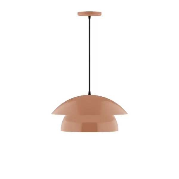Nest is a playful series of stacked and nested dome shades. Offered in a host of finishes, Nest will be a bright and cheery addition to your interior décor Collection: Nest Finish: Terracotta Glass: 6 inch White Opal Glass Globe Notes: Option (1) A19 LED Width: 16.00" Height: 79.50" Length: 16.00" Weight: 10.00 lb Wire: 6' Polished Copper Fabric Cord Canopy: 5" diameter Number of Bulbs: 1 Maximum Wattage: 100.00 W Bulb Type: A19 Bulb Base: E26 Medium Light Source: Incandescent or LED equivalent Dimmable Voltage: 120.00 V Material: Aluminum Country of Origin: US Safety Listing: UL/cUL Safety Rating: Dry LED Manufacturer Warranty: 1-year limited warranty on the fixture.