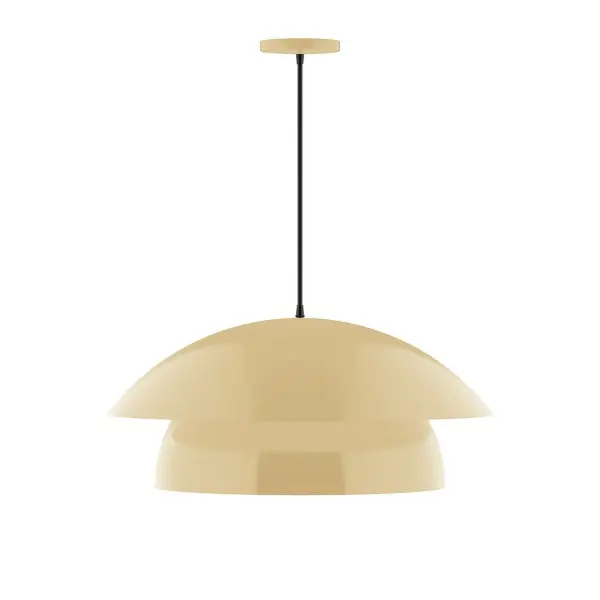 Nest is a playful series of stacked and nested dome shades. Offered in a host of finishes, Nest will be a bright and cheery addition to your interior décor Collection: Nest Finish: Ivory Glass: 24 inch Nest Width: 24.00" Height: 82.50" Length: 24.00" Weight: 10.00 lb Wire: 6' Black Fabric Cord Canopy: 5" diameter Number of Bulbs: 1 Maximum Wattage: 15.00 W Light Source: LED Light Output: 1200.00 lm Color Temperature: 2700 K CRI: 90 Dimmable Rated Average Life: 50,000 Voltage: 120.00 V Country of Origin: US Safety Listing: UL/cUL Safety Rating: Dry LED Manufacturer Warranty: 1-year limited warranty on the fixture.