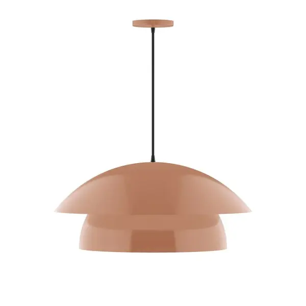 Nest is a playful series of stacked and nested dome shades. Offered in a host of finishes, Nest will be a bright and cheery addition to your interior décor Collection: Nest Finish: Terracotta Glass: 24 inch Nest Width: 24.00" Height: 82.50" Length: 24.00" Weight: 10.00 lb Wire: 6' Polished Copper Fabric Cord Canopy: 5" diameter Number of Bulbs: 1 Maximum Wattage: 15.00 W Light Source: LED Light Output: 1200.00 lm Color Temperature: 2700 K CRI: 90 Dimmable Rated Average Life: 50,000 Voltage: 120.00 V Country of Origin: US Safety Listing: UL/cUL Safety Rating: Dry LED Manufacturer Warranty: 1-year limited warranty on the fixture.