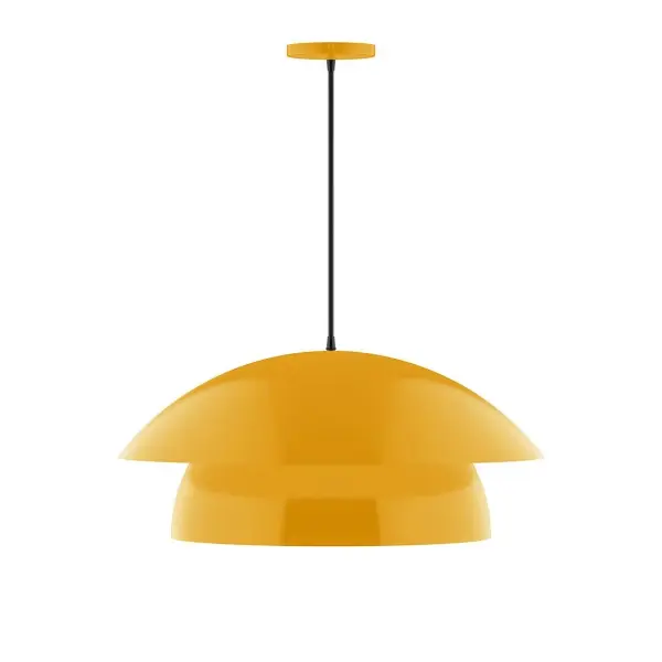 Nest is a playful series of stacked and nested dome shades. Offered in a host of finishes, Nest will be a bright and cheery addition to your interior décor Collection: Nest Finish: Bright Yellow Glass: 24 inch Nest Width: 24.00" Height: 82.50" Length: 24.00" Weight: 10.00 lb Wire: 6' Black Fabric Cord Canopy: 5" diameter Number of Bulbs: 1 Maximum Wattage: 15.00 W Light Source: LED Light Output: 1200.00 lm Color Temperature: 2700 K CRI: 90 Dimmable Rated Average Life: 50,000 Voltage: 120.00 V Country of Origin: US Safety Listing: UL/cUL Safety Rating: Dry LED Manufacturer Warranty: 1-year limited warranty on the fixture.