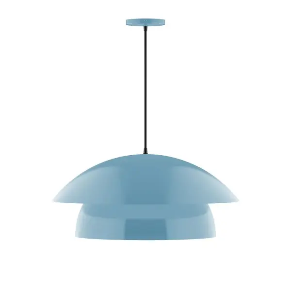 Nest is a playful series of stacked and nested dome shades. Offered in a host of finishes, Nest will be a bright and cheery addition to your interior décor Collection: Nest Finish: Light Blue Glass: 6 inch White Opal Glass Globe Notes: Option (1) A19 LED Width: 24.00" Height: 82.50" Length: 24.00" Weight: 12.00 lb Wire: 6' Black and White Houndstooth Fabric Cord Canopy: 5" diameter Number of Bulbs: 1 Maximum Wattage: 100.00 W Bulb Type: A19 Bulb Base: E26 Medium Light Source: Incandescent or LED equivalent Dimmable Voltage: 120.00 V Material: Aluminum Country of Origin: US Safety Listing: UL/cUL Safety Rating: Dry LED Manufacturer Warranty: 1-year limited warranty on the fixture.