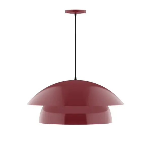 Nest is a playful series of stacked and nested dome shades. Offered in a host of finishes, Nest will be a bright and cheery addition to your interior décor Collection: Nest Finish: Barn Red Glass: 6 inch White Opal Glass Globe Notes: Option (1) A19 LED Width: 24.00" Height: 82.50" Length: 24.00" Weight: 12.00 lb Wire: 6' Red and White Zigzag Fabric Cord Canopy: 5" diameter Number of Bulbs: 1 Maximum Wattage: 100.00 W Bulb Type: A19 Bulb Base: E26 Medium Light Source: Incandescent or LED equivalent Dimmable Voltage: 120.00 V Material: Aluminum Country of Origin: US Safety Listing: UL/cUL Safety Rating: Dry LED Manufacturer Warranty: 1-year limited warranty on the fixture.