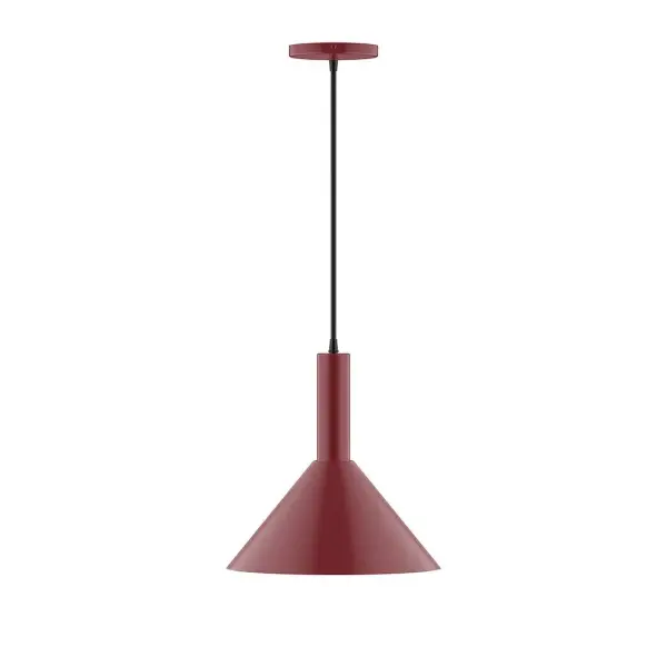Geometric and colorful, the Chase series is simply configured for interior use. Chase is offered in multiple shapes, sizes and colors, choices to suit most any application. Collection: Chase Finish: Barn Red Glass: 12 inch Chase Width: 12.00" Height: 84.00" Length: 12.00" Weight: 6.00 lb Wire: 6' White Fabric Cord Canopy: 5" diameter Number of Bulbs: 1 Maximum Wattage: 10.00 W Bulb Type: LED Light Source: LED Light Output: 800.00 lm Color Temperature: 2700 K CRI: 90 Dimmable Rated Average Life: 50,000 Voltage: 120.00 V Country of Origin: US Safety Listing: UL/cUL Safety Rating: Dry LED Manufacturer Warranty: 1-year limited warranty on the fixture.