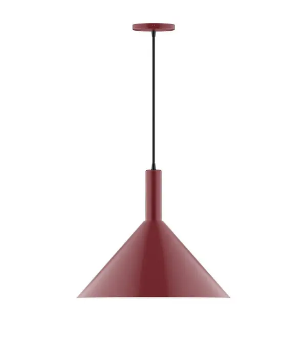 Geometric and colorful, the Chase series is simply configured for interior use. Chase is offered in multiple shapes, sizes and colors, choices to suit most any application. Collection: Chase Finish: Barn Red Glass: 18 inch Chase Width: 18.00" Height: 87.00" Length: 18.00" Weight: 8.00 lb Wire: 6' Cool Tweed Fabric Cord Canopy: 5" diameter Number of Bulbs: 1 Maximum Wattage: 15.00 W Bulb Type: LED Light Source: LED Light Output: 1200.00 lm Color Temperature: 2700 K CRI: 90 Dimmable Rated Average Life: 50,000 Voltage: 120.00 V Country of Origin: US Safety Listing: UL/cUL Safety Rating: Dry LED Manufacturer Warranty: 1-year limited warranty on the fixture.
