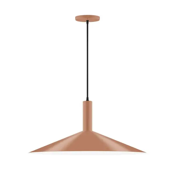Geometric and colorful, the Zing series is simply configured for interior use. Zing is offered in multiple shapes, sizes and colors, choices to suit most any application. Collection: Zing Finish: Terracotta Glass: 24 inch Zing Width: 24.00" Height: 82.50" Length: 24.00" Weight: 10.00 lb Wire: 6' Navy Mini Tweed Fabric Cord Canopy: 5" diameter Number of Bulbs: 2 Maximum Wattage: 8.00 W Bulb Type: LED Light Source: LED Light Output: 800.00 lm Color Temperature: 3000 K CRI: 90 Dimmable Rated Average Life: 50,000 Voltage: 120.00 V Country of Origin: US Safety Listing: UL/cUL Safety Rating: Dry LED Manufacturer Warranty: 1-year limited warranty on the fixture.