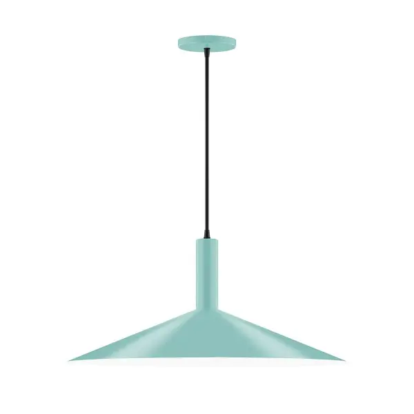 Geometric and colorful, the Zing series is simply configured for interior use. Zing is offered in multiple shapes, sizes and colors, choices to suit most any application. Collection: Zing Finish: Sea Green Glass: 24 inch Zing Width: 24.00" Height: 82.50" Length: 24.00" Weight: 10.00 lb Wire: 6' White Fabric Cord Canopy: 5" diameter Number of Bulbs: 2 Maximum Wattage: 8.00 W Bulb Type: LED Light Source: LED Light Output: 800.00 lm Color Temperature: 3000 K CRI: 90 Dimmable Rated Average Life: 50,000 Voltage: 120.00 V Country of Origin: US Safety Listing: UL/cUL Safety Rating: Dry LED Manufacturer Warranty: 1-year limited warranty on the fixture.