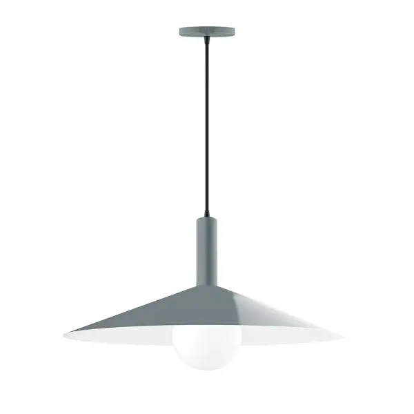 Geometric and colorful, the Zing series is simply configured for interior use. Zing is offered in multiple shapes, sizes and colors, choices to suit most any application. Collection: Zing Finish: Slate Gray Glass: 6 inch White Opal Glass Globe Notes: Option (1) A19 LED Width: 24.00" Height: 82.50" Length: 24.00" Weight: 12.00 lb Wire: 6' Gray Fabric Cord Canopy: 5" diameter Number of Bulbs: 1 Maximum Wattage: 100.00 W Bulb Type: A19 Bulb Base: E26 Medium Light Source: Incandescent or LED equivalent Dimmable Voltage: 120.00 V Material: Aluminum Country of Origin: US Safety Listing: UL/cUL Safety Rating: Dry LED Manufacturer Warranty: 1-year limited warranty on the fixture.