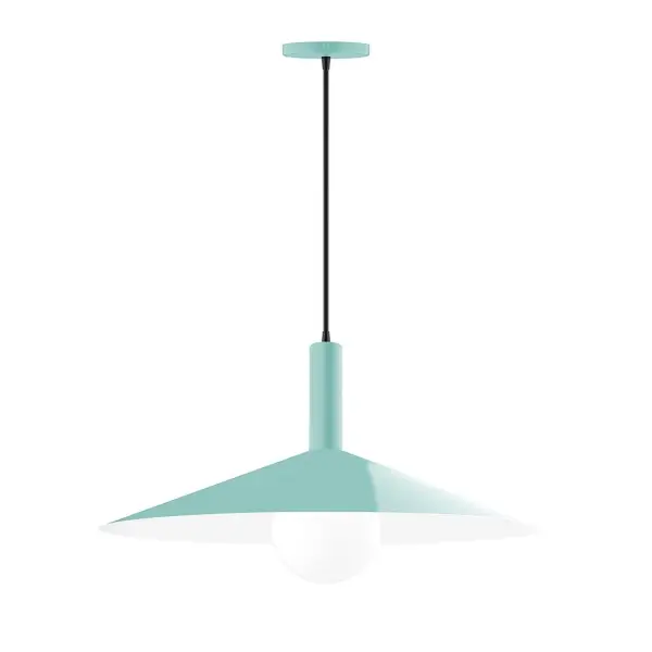 Geometric and colorful, the Zing series is simply configured for interior use. Zing is offered in multiple shapes, sizes and colors, choices to suit most any application. Collection: Zing Finish: Sea Green Glass: 6 inch White Opal Glass Globe Notes: Option (1) A19 LED Width: 24.00" Height: 82.50" Length: 24.00" Weight: 12.00 lb Wire: 6' Red and White Zigzag Fabric Cord Canopy: 5" diameter Number of Bulbs: 1 Maximum Wattage: 100.00 W Bulb Type: A19 Bulb Base: E26 Medium Light Source: Incandescent or LED equivalent Dimmable Voltage: 120.00 V Material: Aluminum Country of Origin: US Safety Listing: UL/cUL Safety Rating: Dry LED Manufacturer Warranty: 1-year limited warranty on the fixture.