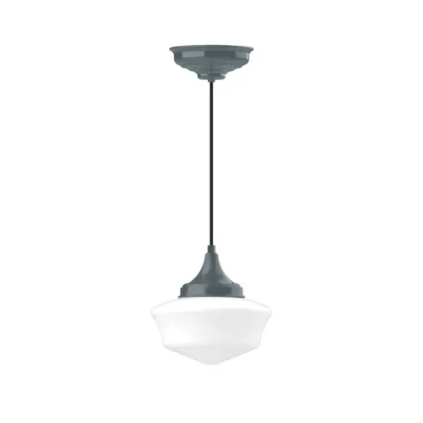 Cord hung pendants are a fun and useful addition to your décor, they will add color, and design flair to any application. Choose from 10 finishes and 10 cord patterns, accessorize with a wire grill, or glass and guard to create your own custom pendant. Great for interior use over a table, island, or workbench. Our 12-inch glass Schoolhouse shade is made in the USA and will add a vintage feel to your space. Collection: Schoolhouse Finish: Slate Gray Glass: 12 inch Schoolhouse Notes: Option (2) A19 LED and 1-Integrated 8W Width: 12.00" Height: 102.00" Length: 12.00" Weight: 10.00 lb Wire: 6' Gray Fabric Cord Canopy: 8.375" diameter Number of Bulbs: 1 Maximum Wattage: 100.00 W Bulb Type: A19 Bulb Base: E26 Medium Light Source: Incandescent or LED equivalent Dimmable Voltage: 120.00 V Country of Origin: US Safety Listing: UL/cUL Safety Rating: Dry LED Manufacturer Warranty: 1-year limited warranty on the fixture.