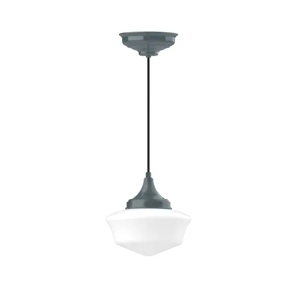 Cord hung pendants are a fun and useful addition to your décor, they will add color, and design flair to any application. Choose from 10 finishes and 10 cord patterns, accessorize with a wire grill, or glass and guard to create your own custom pendant. Great for interior use over a table, island, or workbench. Our 12-inch glass Schoolhouse shade is made in the USA and will add a vintage feel to your space. Collection: Schoolhouse Finish: Slate Gray Glass: 12 inch Schoolhouse Notes: Option (2) A19 LED and 1-Integrated 8W Width: 12.00" Height: 102.00" Length: 12.00" Weight: 10.00 lb Wire: 6' Black SJT Canopy: 8.375" diameter Number of Bulbs: 1 Maximum Wattage: 100.00 W Bulb Type: A19 Bulb Base: E26 Medium Light Source: Incandescent or LED equivalent Dimmable Voltage: 120.00 V Country of Origin: US Safety Listing: UL/cUL Safety Rating: Dry LED Manufacturer Warranty: 1-year limited warranty on the fixture.