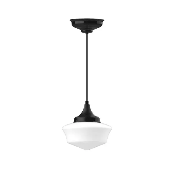 Cord hung pendants are a fun and useful addition to your décor, they will add color, and design flair to any application. Choose from 10 finishes and 10 cord patterns, accessorize with a wire grill, or glass and guard to create your own custom pendant. Great for interior use over a table, island, or workbench. Our 12-inch glass Schoolhouse shade is made in the USA and will add a vintage feel to your space. Collection: Schoolhouse Finish: Black Glass: 12 inch Schoolhouse Notes: Option (2) A19 LED and 1-Integrated 8W Width: 12.00" Height: 102.00" Length: 12.00" Weight: 10.00 lb Wire: 6' Navy Mini Tweed Fabric Cord Canopy: 8.375" diameter Number of Bulbs: 1 Maximum Wattage: 100.00 W Bulb Type: A19 Bulb Base: E26 Medium Light Source: Incandescent or LED equivalent Dimmable Voltage: 120.00 V Country of Origin: US Safety Listing: UL/cUL Safety Rating: Dry LED Manufacturer Warranty: 1-year limited warranty on the fixture.
