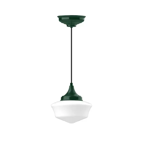 Cord hung pendants are a fun and useful addition to your décor, they will add color, and design flair to any application. Choose from 10 finishes and 10 cord patterns, accessorize with a wire grill, or glass and guard to create your own custom pendant. Great for interior use over a table, island, or workbench. Our 12-inch glass Schoolhouse shade is made in the USA and will add a vintage feel to your space. Collection: Schoolhouse Finish: Forest Green Glass: 12 inch Schoolhouse Notes: Option (2) A19 LED and 1-Integrated 8W Width: 12.00" Height: 102.00" Length: 12.00" Weight: 10.00 lb Wire: 6' Navy Mini Tweed Fabric Cord Canopy: 8.375" diameter Number of Bulbs: 1 Maximum Wattage: 100.00 W Bulb Type: A19 Bulb Base: E26 Medium Light Source: Incandescent or LED equivalent Dimmable Voltage: 120.00 V Country of Origin: US Safety Listing: UL/cUL Safety Rating: Dry LED Manufacturer Warranty: 1-year limited warranty on the fixture.