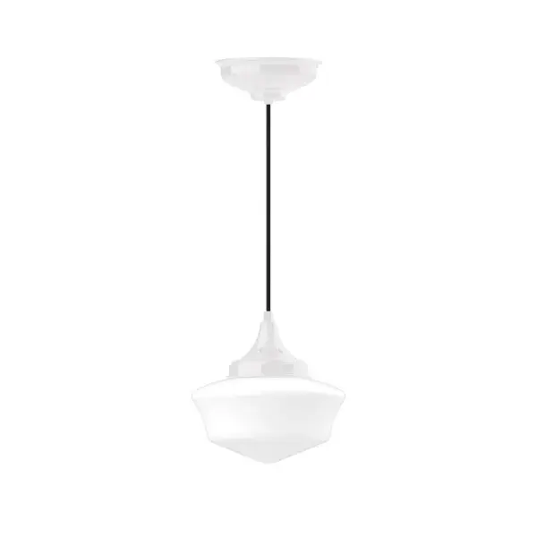 Cord hung pendants are a fun and useful addition to your décor, they will add color, and design flair to any application. Choose from 10 finishes and 10 cord patterns, accessorize with a wire grill, or glass and guard to create your own custom pendant. Great for interior use over a table, island, or workbench. Our 12-inch glass Schoolhouse shade is made in the USA and will add a vintage feel to your space. Collection: Schoolhouse Finish: White Glass: 12 inch Schoolhouse Notes: Option (2) A19 LED and 1-Integrated 8W Width: 12.00" Height: 102.00" Length: 12.00" Weight: 10.00 lb Wire: 6' Navy Mini Tweed Fabric Cord Canopy: 8.375" diameter Number of Bulbs: 1 Maximum Wattage: 100.00 W Bulb Type: A19 Bulb Base: E26 Medium Light Source: Incandescent or LED equivalent Dimmable Voltage: 120.00 V Country of Origin: US Safety Listing: UL/cUL Safety Rating: Dry LED Manufacturer Warranty: 1-year limited warranty on the fixture.