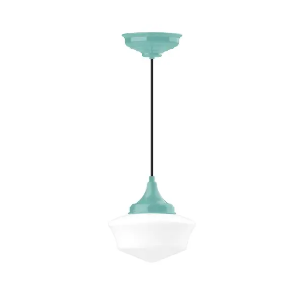 Cord hung pendants are a fun and useful addition to your décor, they will add color, and design flair to any application. Choose from 10 finishes and 10 cord patterns, accessorize with a wire grill, or glass and guard to create your own custom pendant. Great for interior use over a table, island, or workbench. Our 12-inch glass Schoolhouse shade is made in the USA and will add a vintage feel to your space. Collection: Schoolhouse Finish: Sea Green Glass: 12 inch Schoolhouse Notes: Option (2) A19 LED and 1-Integrated 8W Width: 12.00" Height: 102.00" Length: 12.00" Weight: 10.00 lb Wire: 6' Red and White Zigzag Fabric Cord Canopy: 8.375" diameter Number of Bulbs: 1 Maximum Wattage: 100.00 W Bulb Type: A19 Bulb Base: E26 Medium Light Source: Incandescent or LED equivalent Dimmable Voltage: 120.00 V Country of Origin: US Safety Listing: UL/cUL Safety Rating: Dry LED Manufacturer Warranty: 1-year limited warranty on the fixture.