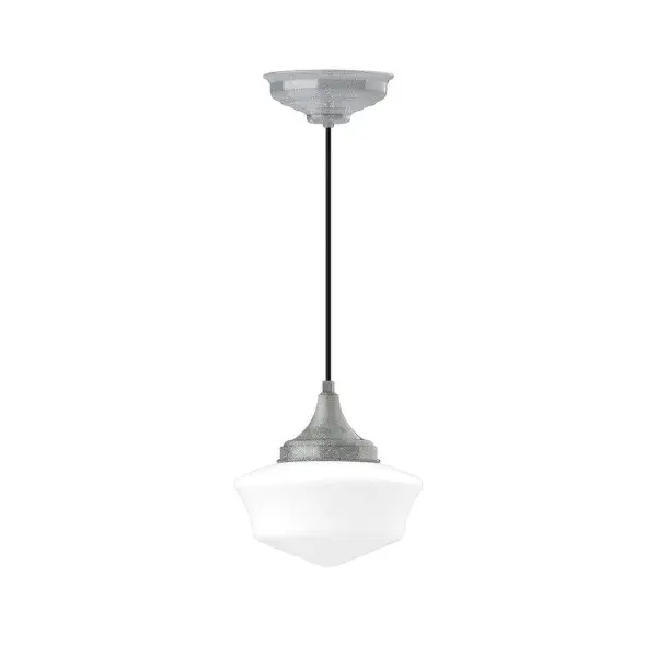 Cord hung pendants are a fun and useful addition to your décor, they will add color, and design flair to any application. Choose from 10 finishes and 10 cord patterns, accessorize with a wire grill, or glass and guard to create your own custom pendant. Great for interior use over a table, island, or workbench. Our 12-inch glass Schoolhouse shade is made in the USA and will add a vintage feel to your space. Collection: Schoolhouse Finish: Painted Galvanized Glass: 12 inch Schoolhouse Notes: Option (2) A19 LED and 1-Integrated 8W Width: 12.00" Height: 102.00" Length: 12.00" Weight: 10.00 lb Wire: 6' Red and White Zigzag Fabric Cord Canopy: 8.375" diameter Number of Bulbs: 1 Maximum Wattage: 100.00 W Bulb Type: A19 Bulb Base: E26 Medium Light Source: Incandescent or LED equivalent Dimmable Voltage: 120.00 V Country of Origin: US Safety Listing: UL/cUL Safety Rating: Dry LED Manufacturer Warranty: 1-year limited warranty on the fixture.