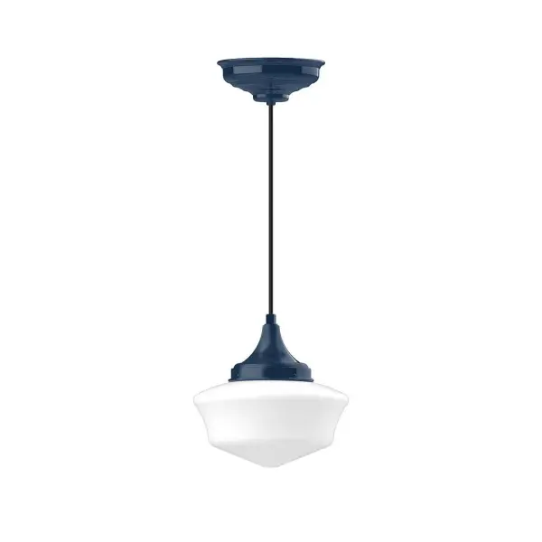 Cord hung pendants are a fun and useful addition to your décor, they will add color, and design flair to any application. Choose from 10 finishes and 10 cord patterns, accessorize with a wire grill, or glass and guard to create your own custom pendant. Great for interior use over a table, island, or workbench. Our 12-inch glass Schoolhouse shade is made in the USA and will add a vintage feel to your space. Collection: Schoolhouse Finish: Navy Glass: 12 inch Schoolhouse Notes: Option (2) A19 LED and 1-Integrated 8W Width: 12.00" Height: 102.00" Length: 12.00" Weight: 10.00 lb Wire: 6' Black Fabric Cord Canopy: 8.375" diameter Number of Bulbs: 1 Maximum Wattage: 100.00 W Bulb Type: A19 Bulb Base: E26 Medium Light Source: Incandescent or LED equivalent Dimmable Voltage: 120.00 V Country of Origin: US Safety Listing: UL/cUL Safety Rating: Dry LED Manufacturer Warranty: 1-year limited warranty on the fixture.