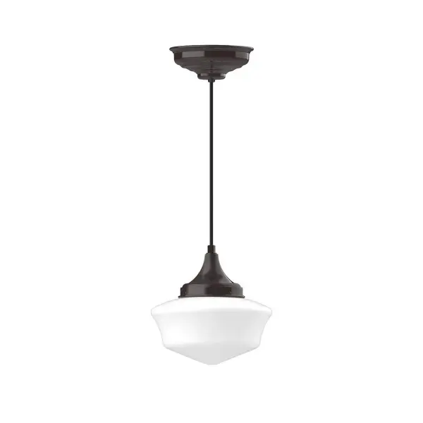 Cord hung pendants are a fun and useful addition to your décor, they will add color, and design flair to any application. Choose from 10 finishes and 10 cord patterns, accessorize with a wire grill, or glass and guard to create your own custom pendant. Great for interior use over a table, island, or workbench. Our 12-inch glass Schoolhouse shade is made in the USA and will add a vintage feel to your space. Collection: Schoolhouse Finish: Architectural Bronze Glass: 12 inch Schoolhouse Notes: Option (2) A19 LED and 1-Integrated 8W Width: 12.00" Height: 102.00" Length: 12.00" Weight: 10.00 lb Wire: 6' Black and White Houndstooth Fabric Cord Canopy: 8.375" diameter Number of Bulbs: 1 Maximum Wattage: 100.00 W Bulb Type: A19 Bulb Base: E26 Medium Light Source: Incandescent or LED equivalent Dimmable Voltage: 120.00 V Country of Origin: US Safety Listing: UL/cUL Safety Rating: Dry LED Manufacturer Warranty: 1-year limited warranty on the fixture.