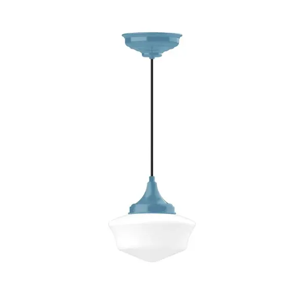 Cord hung pendants are a fun and useful addition to your décor, they will add color, and design flair to any application. Choose from 10 finishes and 10 cord patterns, accessorize with a wire grill, or glass and guard to create your own custom pendant. Great for interior use over a table, island, or workbench. Our 12-inch glass Schoolhouse shade is made in the USA and will add a vintage feel to your space. Collection: Schoolhouse Finish: Light Blue Glass: 12 inch Schoolhouse Notes: Option (2) A19 LED and 1-Integrated 8W Width: 12.00" Height: 102.00" Length: 12.00" Weight: 10.00 lb Wire: 6' Black Fabric Cord Canopy: 8.375" diameter Number of Bulbs: 1 Maximum Wattage: 100.00 W Bulb Type: A19 Bulb Base: E26 Medium Light Source: Incandescent or LED equivalent Dimmable Voltage: 120.00 V Country of Origin: US Safety Listing: UL/cUL Safety Rating: Dry LED Manufacturer Warranty: 1-year limited warranty on the fixture.