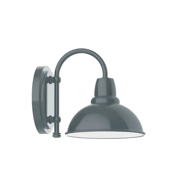 Our wall sconces are our smallest outdoor fixtures, but they add just the right amount of light to your entryway. Hang alone or in pairs on either side of a front door or garage, even inside next to a bed. Available in multiple shade styles to suit your décor, be it modern farmhouse, coastal cottage, or industrial loft. Collection: Cafe Finish: Slate Gray Glass: 8 inch Cafe Notes: Option (1) A19 LED and 1-Integrated 8W Width: 8.13" Height: 8.88" Length: 10.75" Weight: 7.00 lb Extension from Wall: 10.75" Canopy: 6.875" diameter Number of Bulbs: 1 Maximum Wattage: 100.00 W Bulb Type: A19 Bulb Base: E26 Medium Light Source: Incandescent or LED equivalent Dimmable Voltage: 120.00 V Country of Origin: US Safety Listing: UL/cUL Safety Rating: Wet Dark Sky LED Manufacturer Warranty: 1-year limited warranty on the fixture.